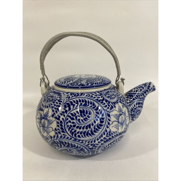 Other - Vintage Japanese Teapot Ceramic Blue & White Handpainted‎ Floral Metal Handles